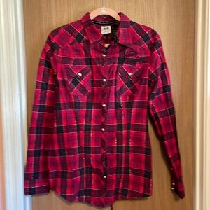 Harley Davidson long sleeve button up shirt size L red, black with silver